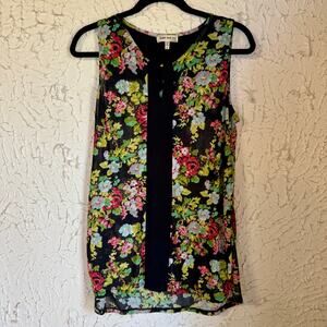 Womens Floral Blouse Large Sheer Sleeveless Top Black Multicolor Boho Lightweigh